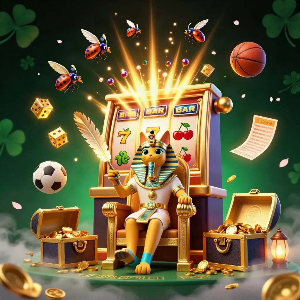 Pharaoh cat and ibis beside a bursting slot machine with coins, balls, and glowing magic.