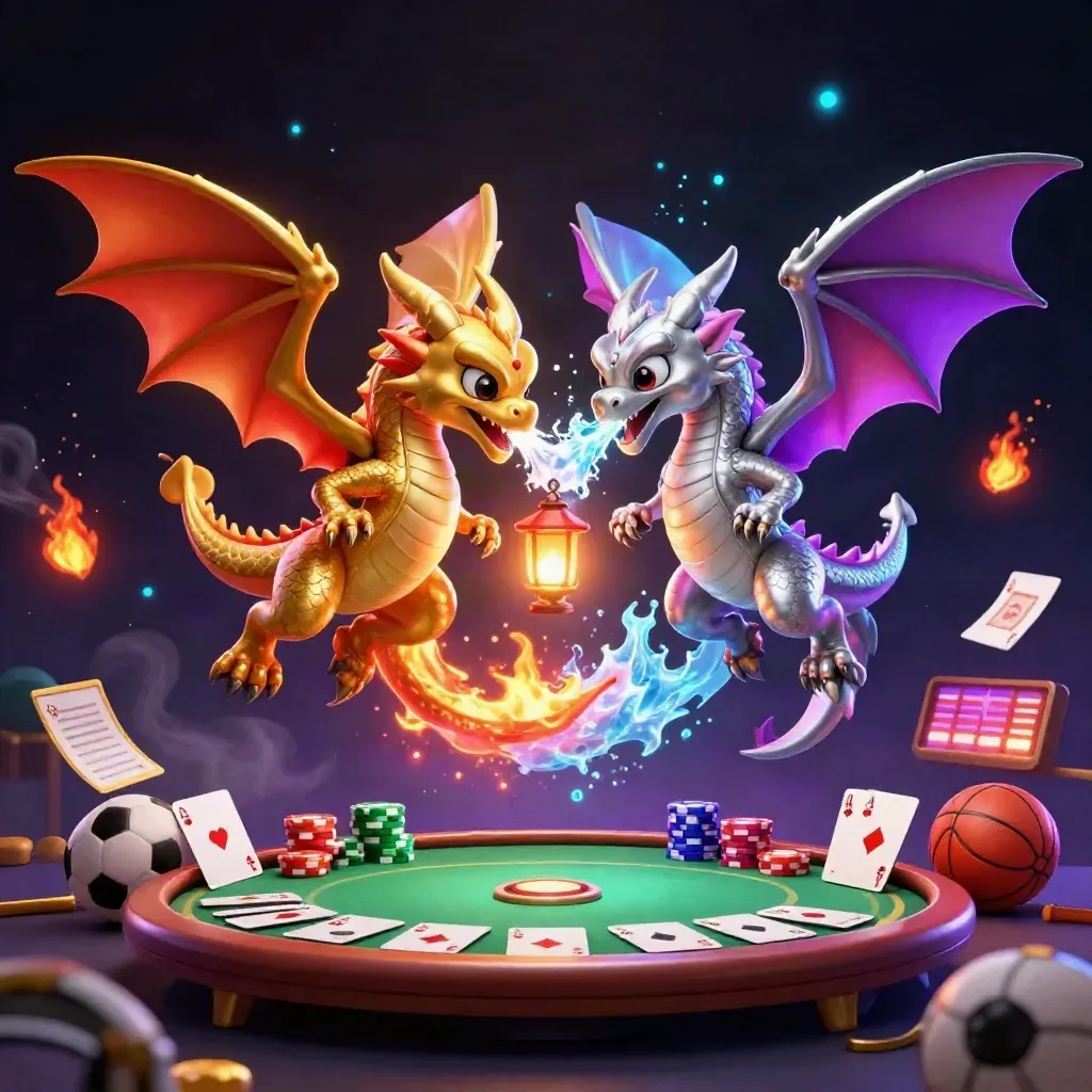 Gold and silver dragons clash in a yin-yang blaze above casino cards and chips.
