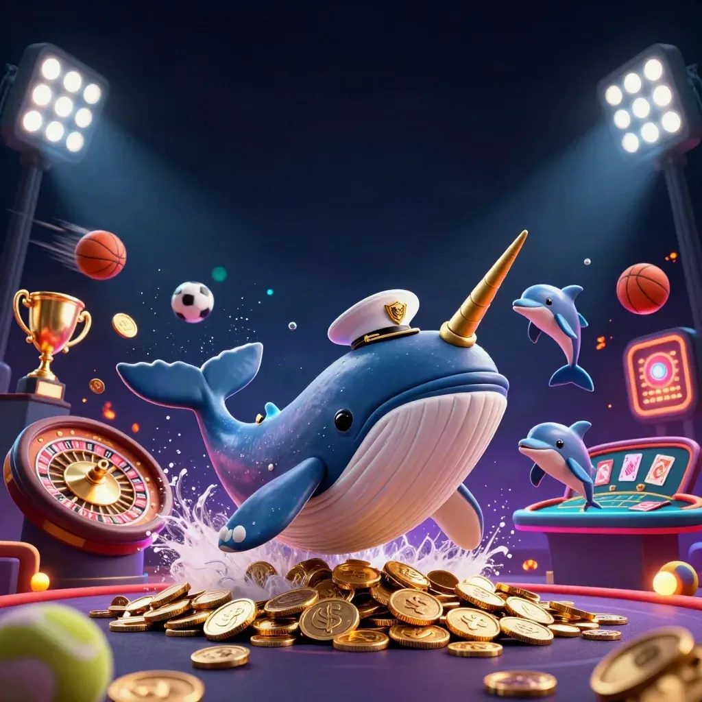 Whale captain, narwhal, and dolphins burst through coins under neon casino lights.
