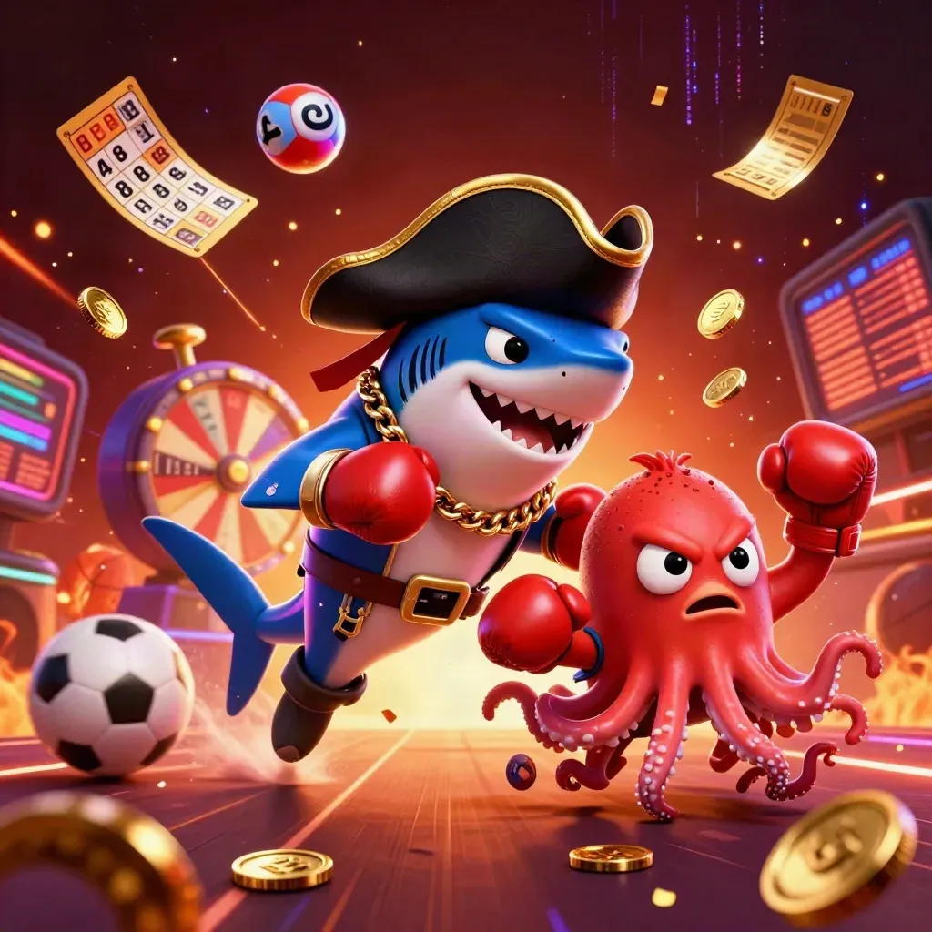 Pirate shark, pufferfish, and octopus amid casino balls, coins, and neon energy
