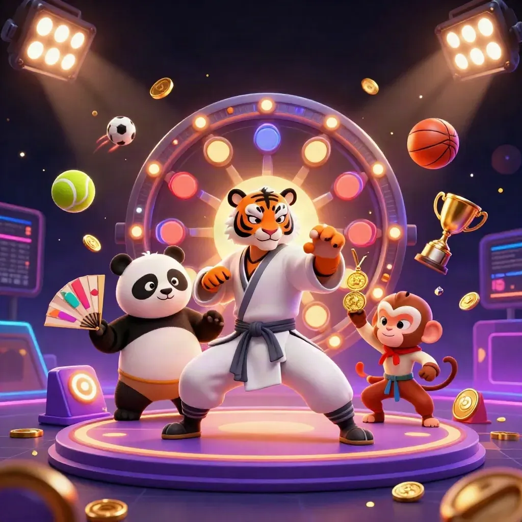 Kung-fu tiger, panda, and monkey amid casino lights, roulette spin, coins, and sports balls.