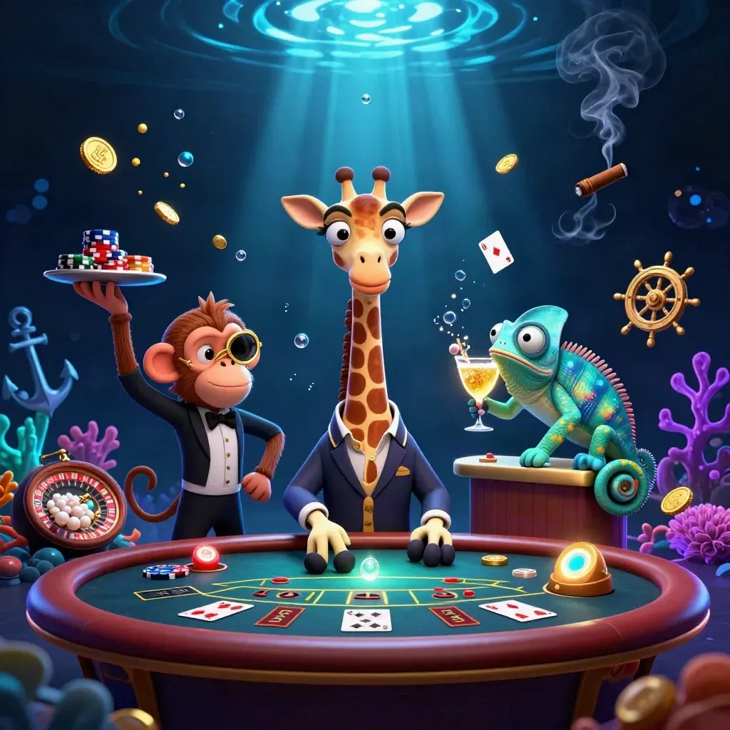 Giraffe, monkey valet, and chameleon bartender in a glowing underwater casino scene