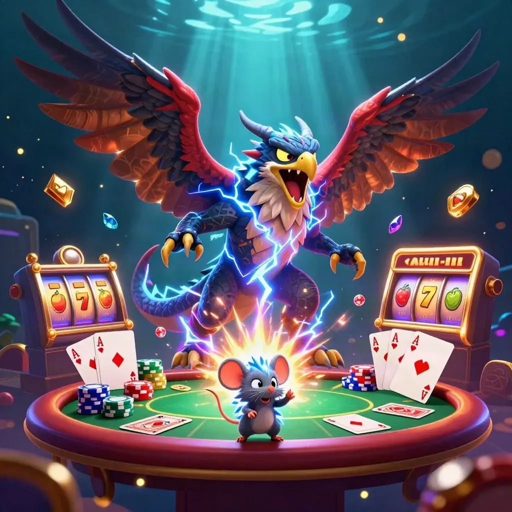 Thunder dragon, wind hawk, and crackling mouse explode through casino chips and cards in neon gold light.