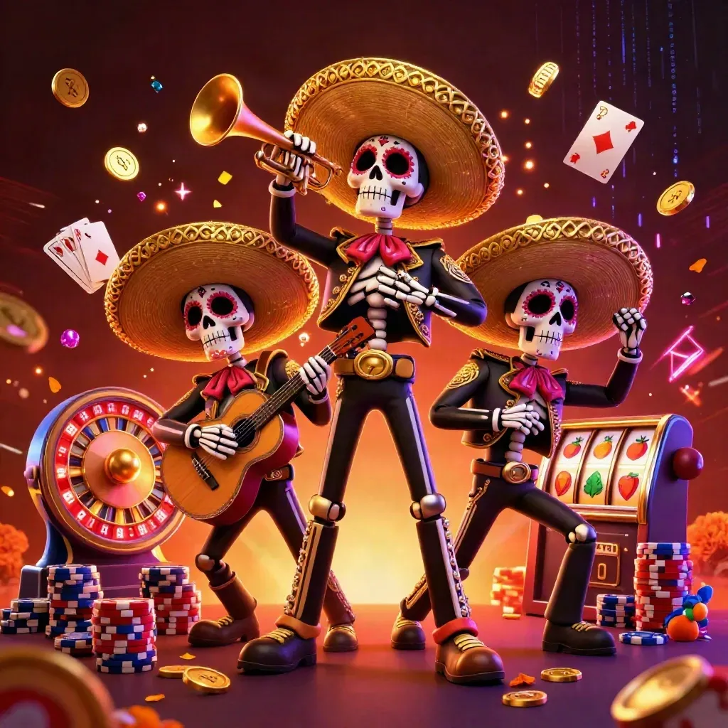 Skeleton mariachi trio amid coins, gems, roulette, chips, and fiery casino glow.