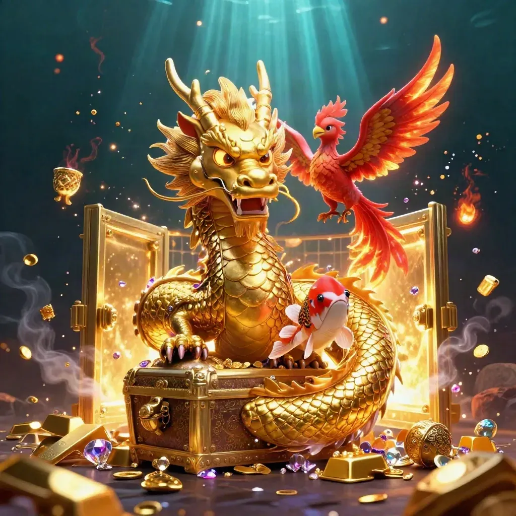 Golden dragon, phoenix, koi, and treasure exploding in a luxe underwater casino scene.