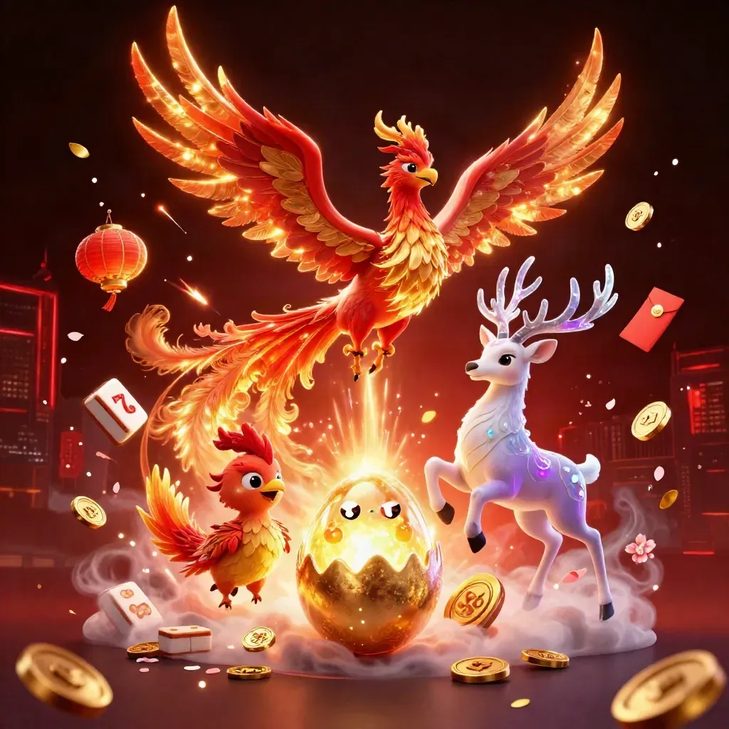 Phoenix, hatching chick, and crystal stag burst through casino magic and glowing treasure.