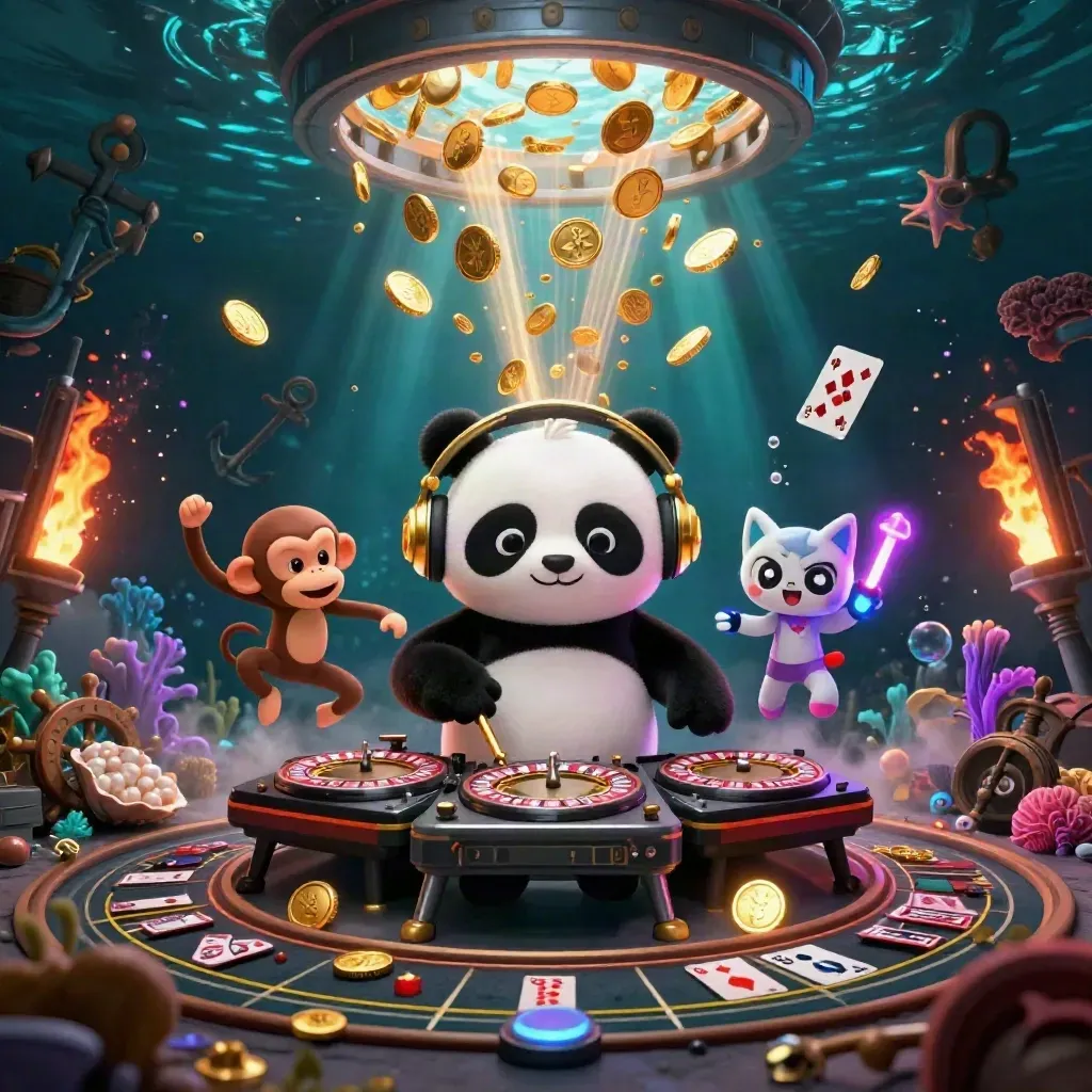 DJ panda, monkey, and rave kitten amid coins, coral, cards, and casino glow underwater.
