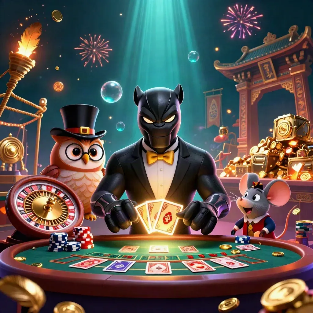 Panther, owl, and mouse in casino splash art amid coins, roulette, temple gate, and fireworks.