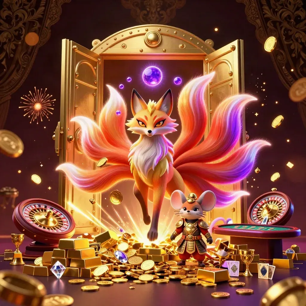 Fox spirit and armored mouse amid vault gold, gems, roulette wheel, and casino glow.