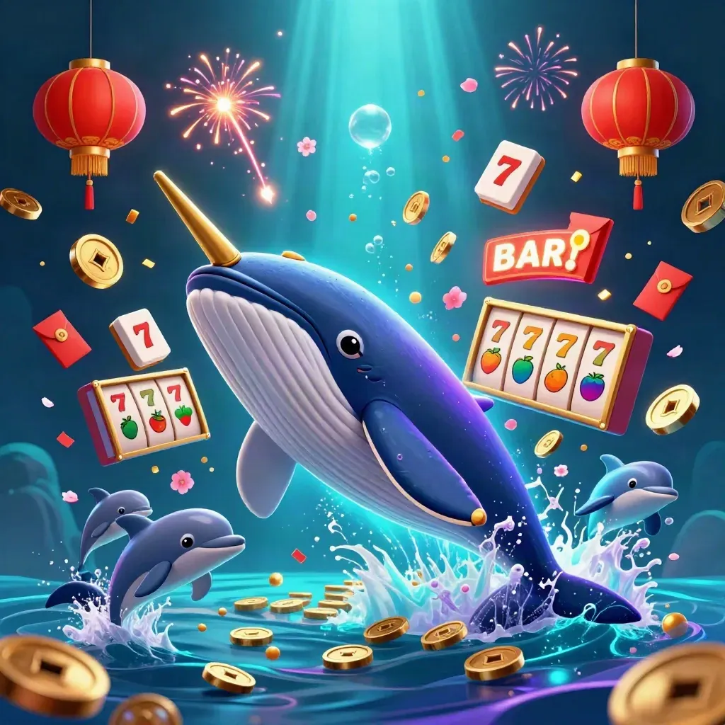Cartoon whale, narwhal, and dolphins in a glowing underwater casino scene